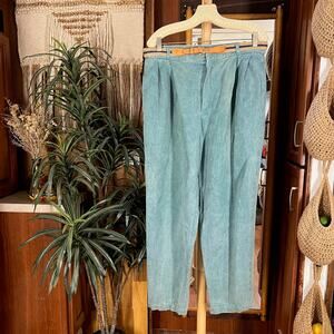 Vintage Green Denim Pleated Pants 34x28 | High Rise Tapered Belted OOAK Jeans